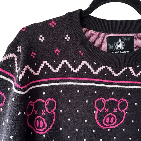 SHANE DAWSON | NWOT COTTON HOLIDAY PIG SWEATER BLACK & NEON PINK | 2XL - Picture 3 of 13